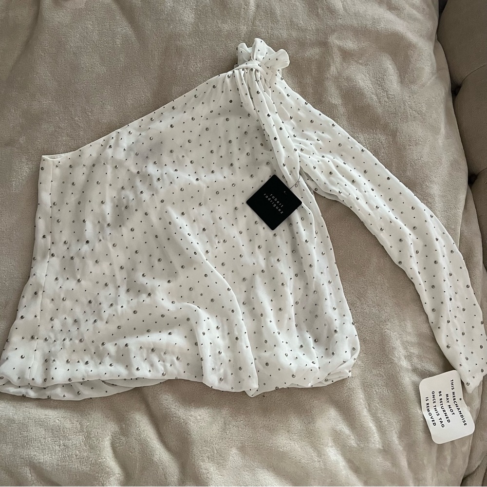 Robert Rodriguez Women's 8 Studded Bead One Shoulder Top Ruffle Shoulder White